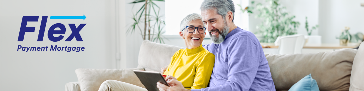 Smiling couple on couch with inset Flex Payment Mortgage logo