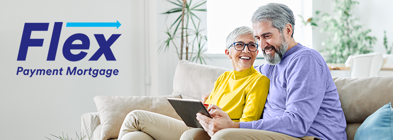 Smiling older couple on couch with inset Flex Payment Mortgage logo