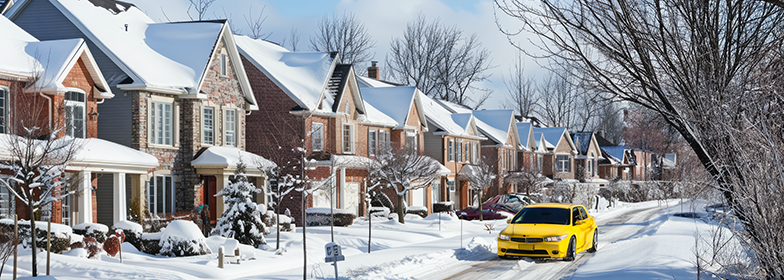 Yellow car driving through snowy neighborhood